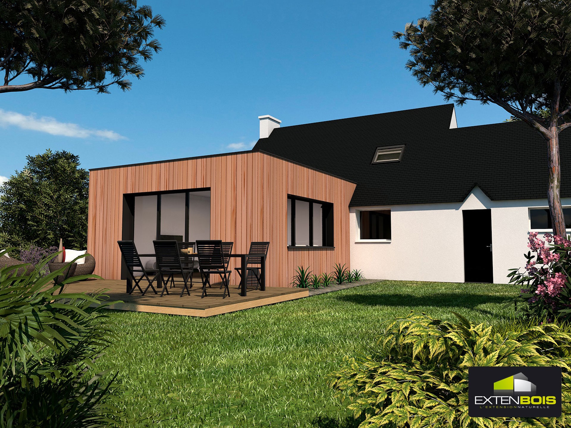 Extension contemporaine à toit plat avec terrasse