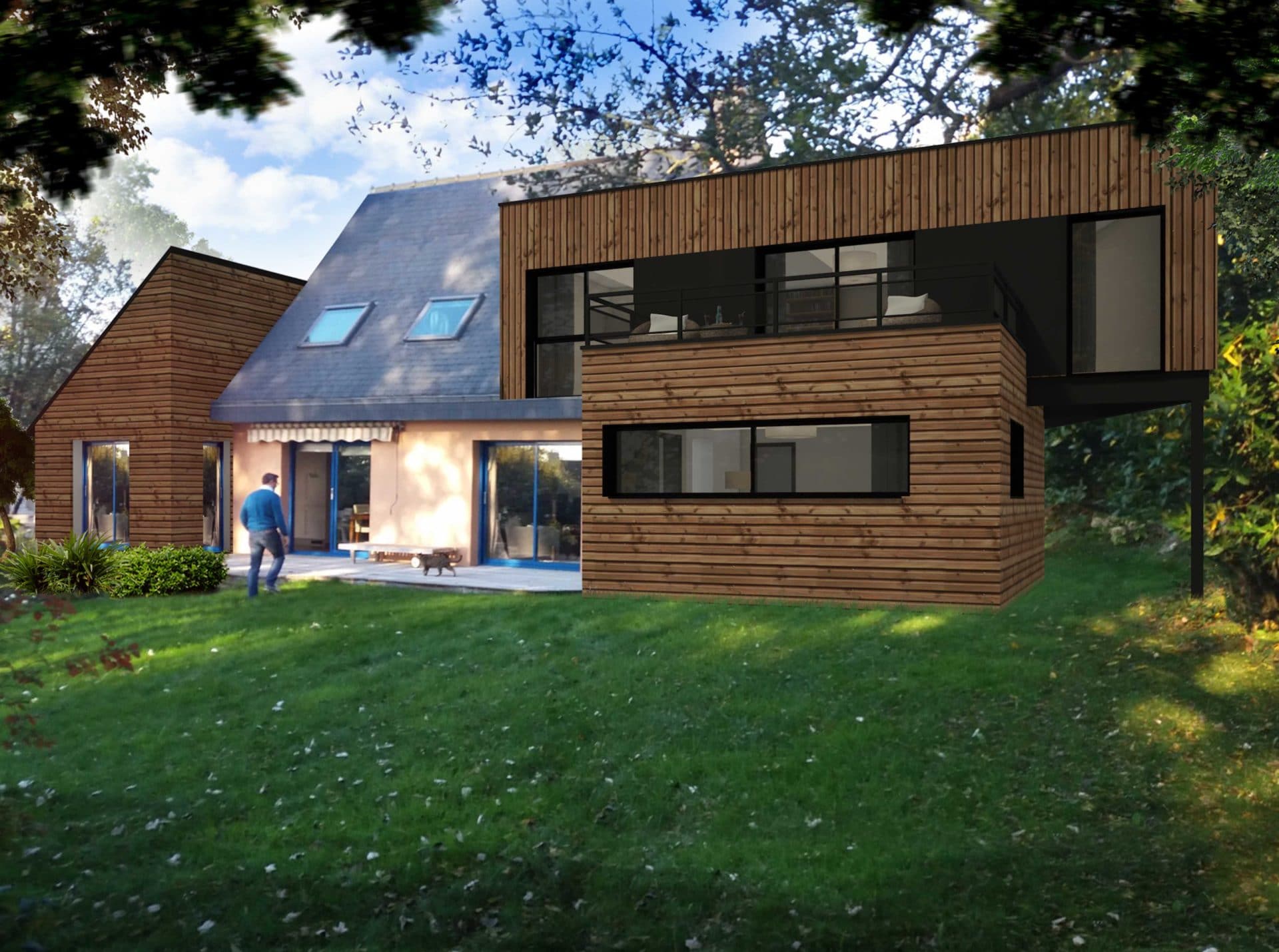 Extension bois à étage avec terrasse