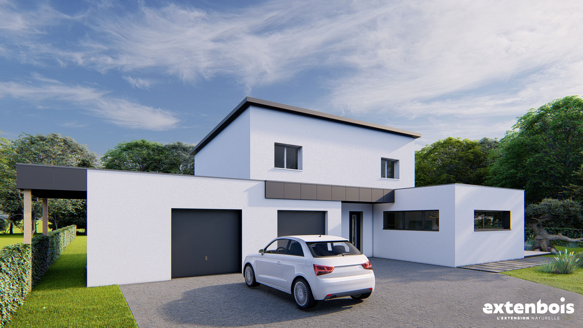 Plan double extension de maison bois enduit