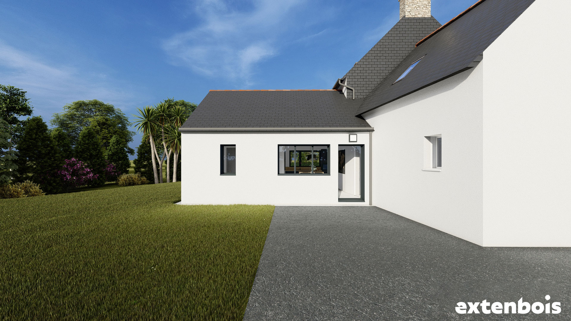 Plan d’extension de maison cubique bois enduit